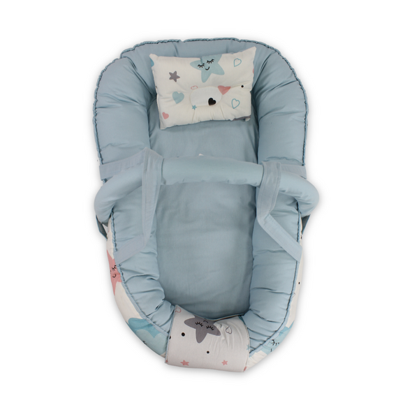 Cotton Baby Nest – Off-White & Baby Blue with Stars Print
