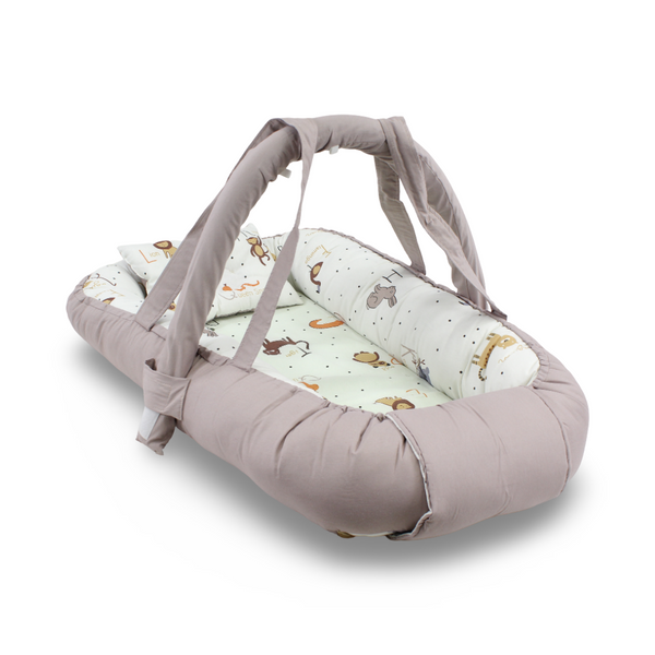Cotton Baby Nest – Off-White & Caffe with Animals Print
