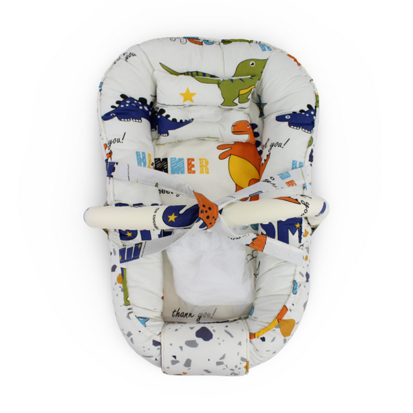 Cotton Baby Nest – Off-White with Dino Print