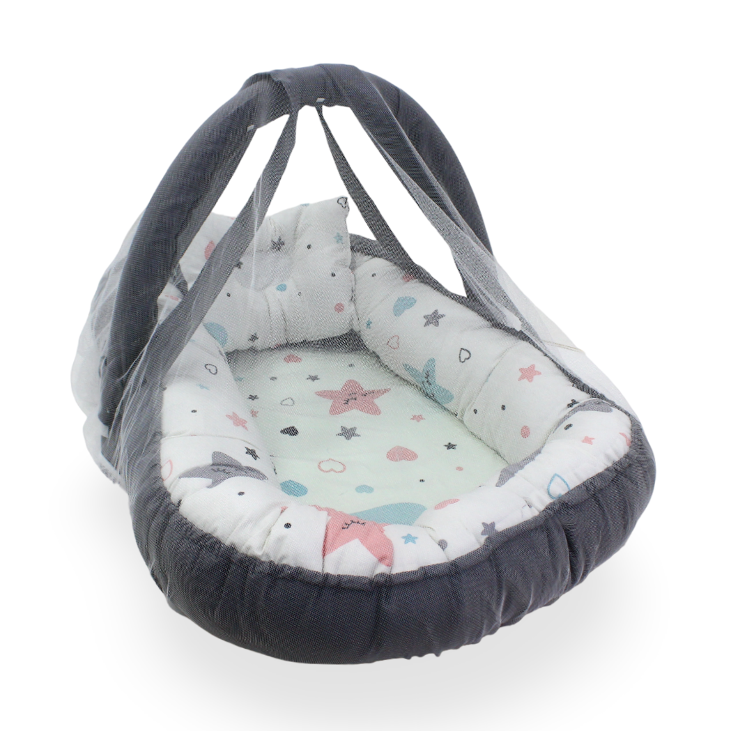 Baby Nest with Mosquito Net – Off-White & Gray with Pastel Star Print