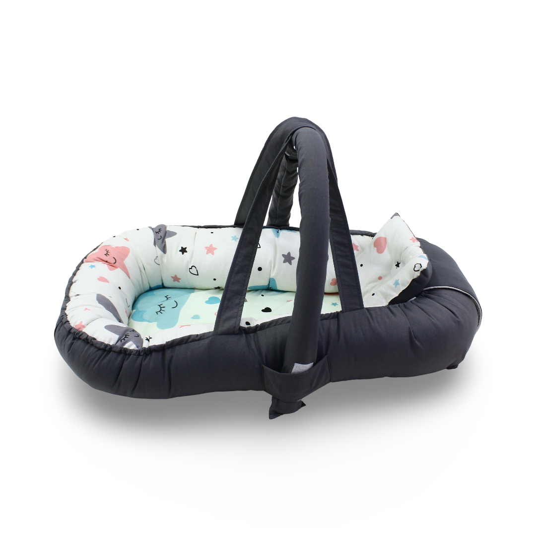 Baby Nest with Mosquito Net – Off-White & Gray with Pastel Star Print