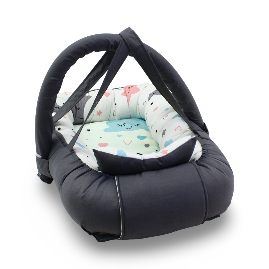 Baby Nest with Mosquito Net – Off-White & Gray with Pastel Star Print