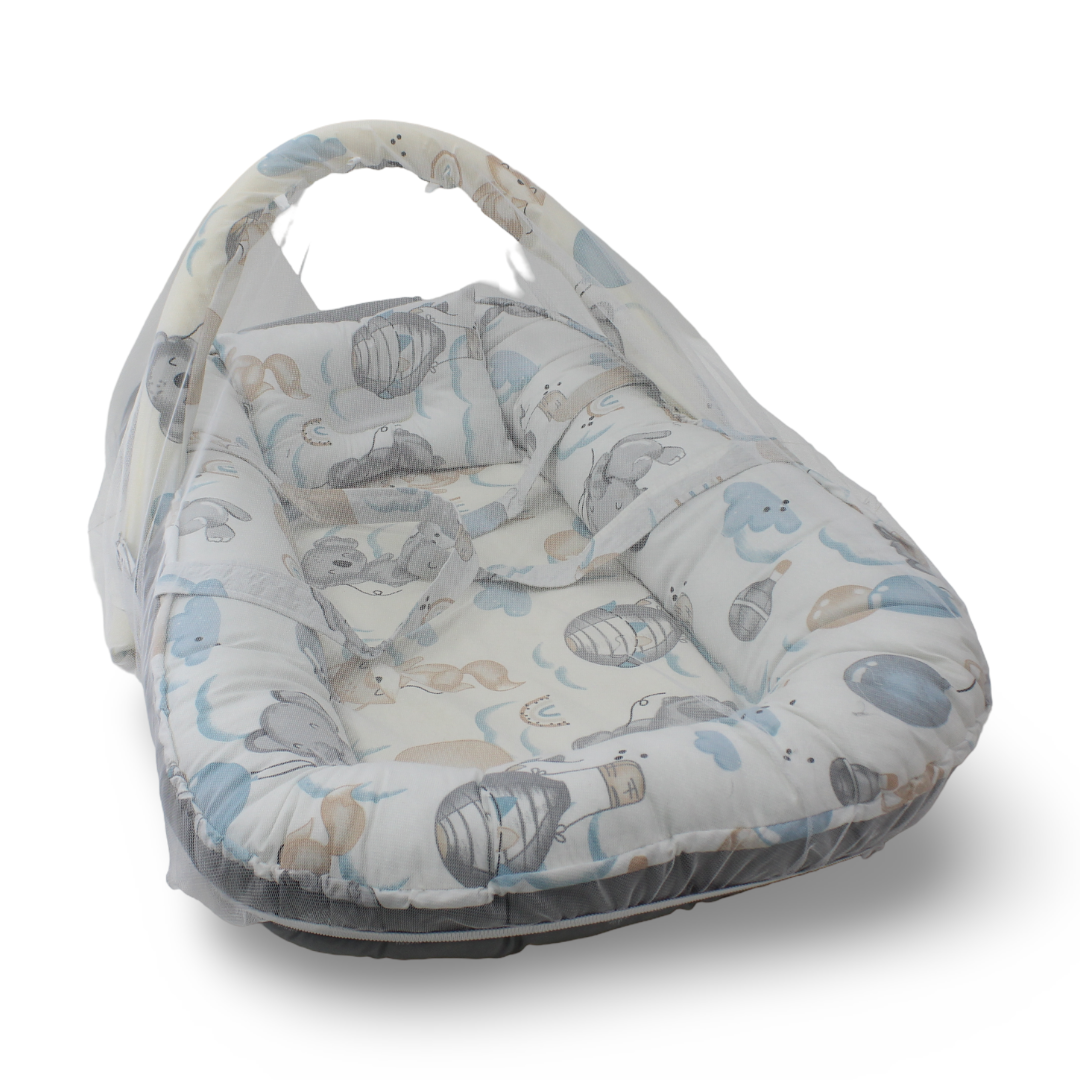 Baby Nest – Off-White & Grey with Elephant Print