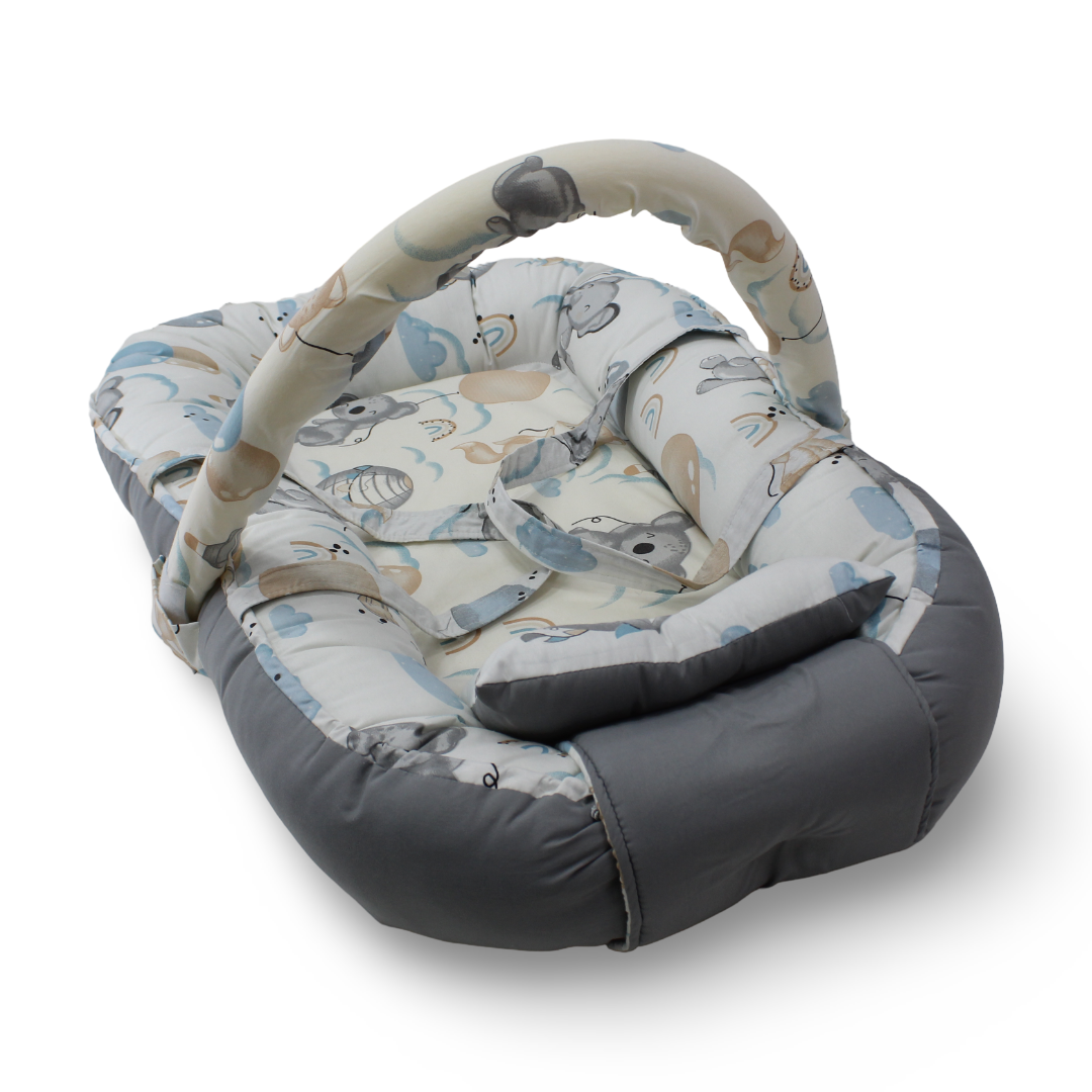 Baby Nest – Off-White & Grey with Elephant Print