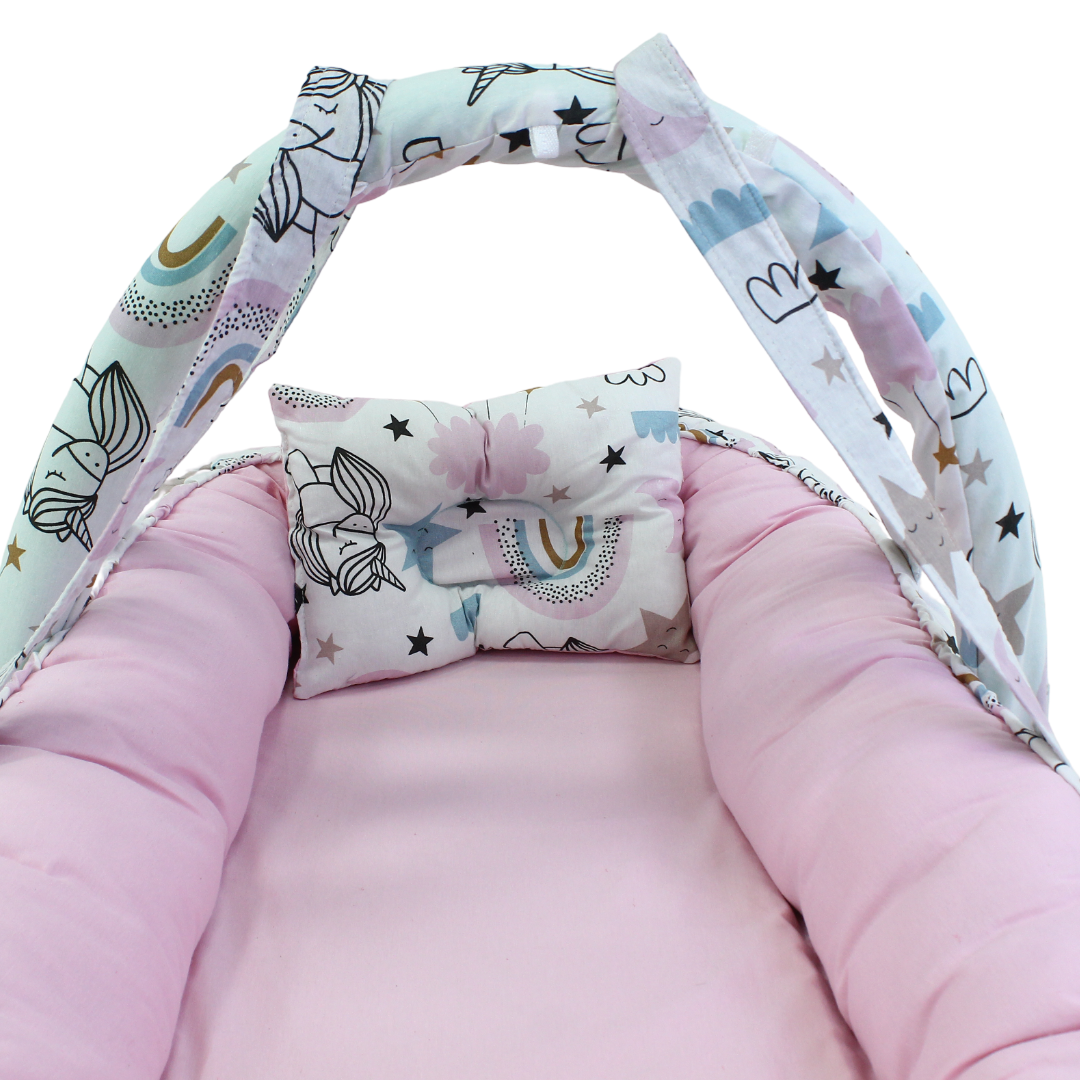 Cotton Baby Nest – Pink & Off-White with Unicorn Print