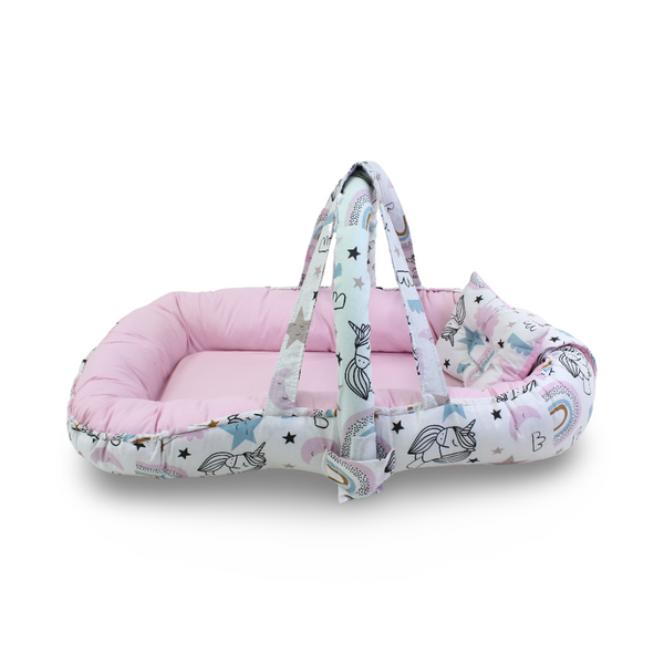 Cotton Baby Nest – Pink & Off-White with Unicorn Print