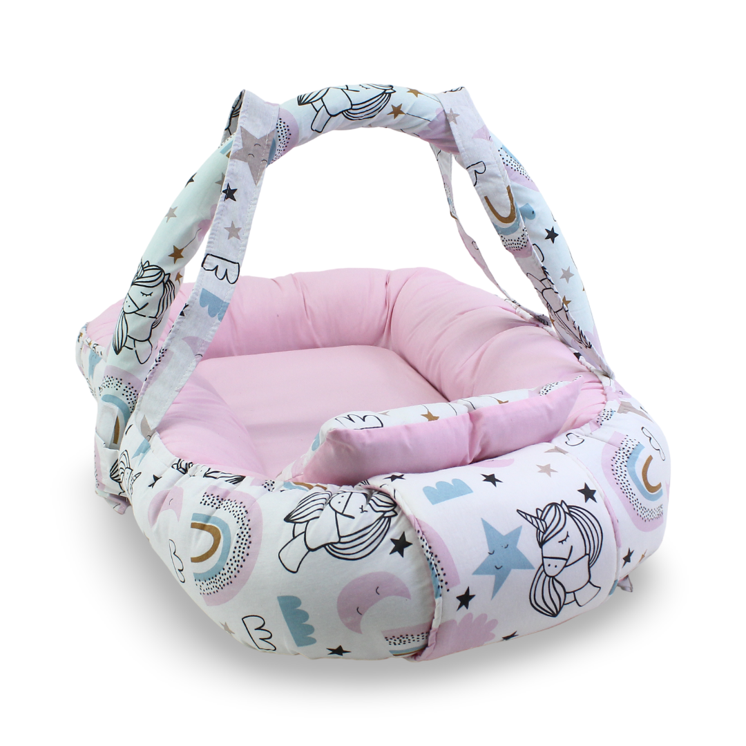 Cotton Baby Nest – Pink & Off-White with Unicorn Print