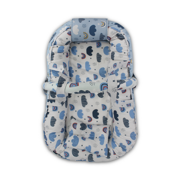 Cotton Baby Nest – Baby Blue with Rainbow Print