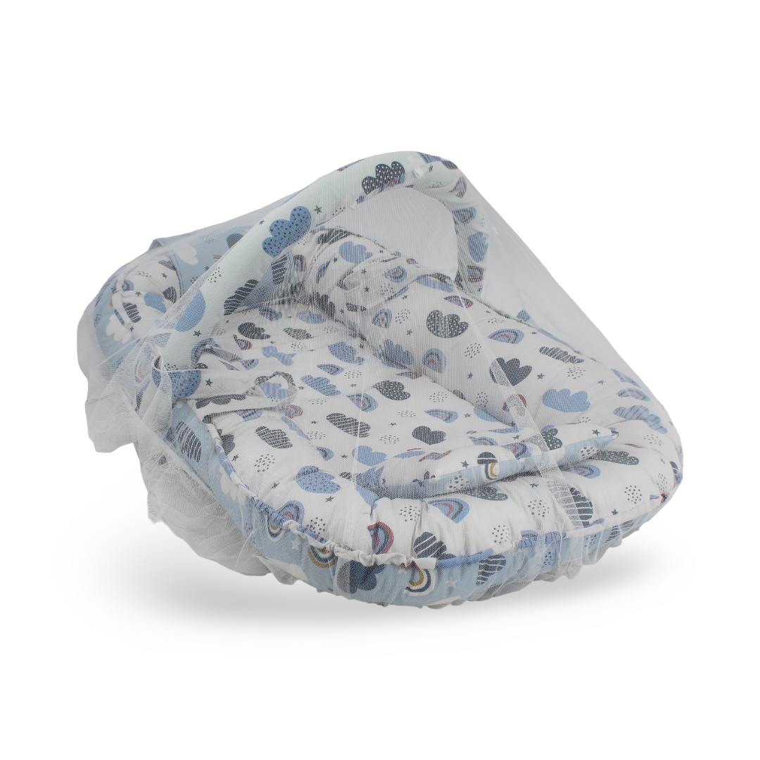 Cotton Baby Nest – Baby Blue with Rainbow Print