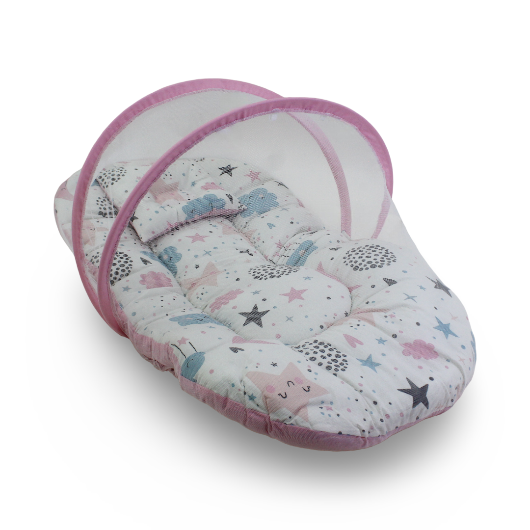 Cotton Mosquito Net – Pink with Clouds and Stars Print - Baby Essentials - Kiddy