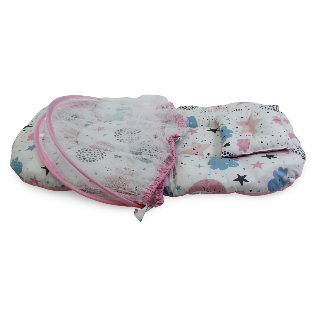 Cotton Mosquito Net – Pink with Clouds and Stars Print