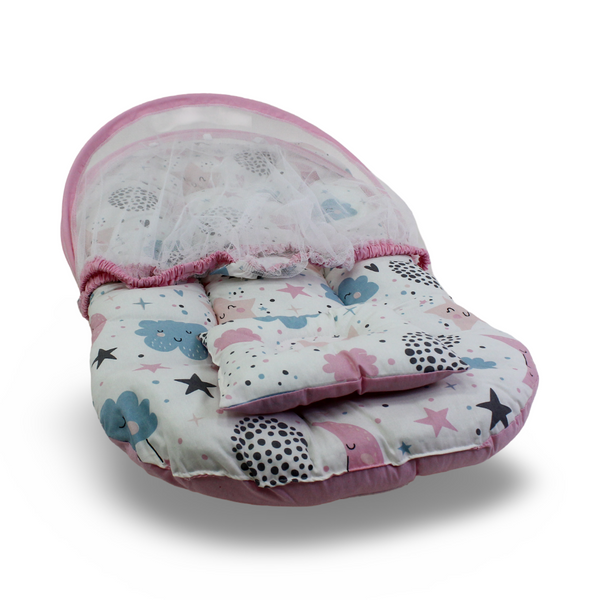 Cotton Mosquito Net – Pink with Clouds and Stars Print