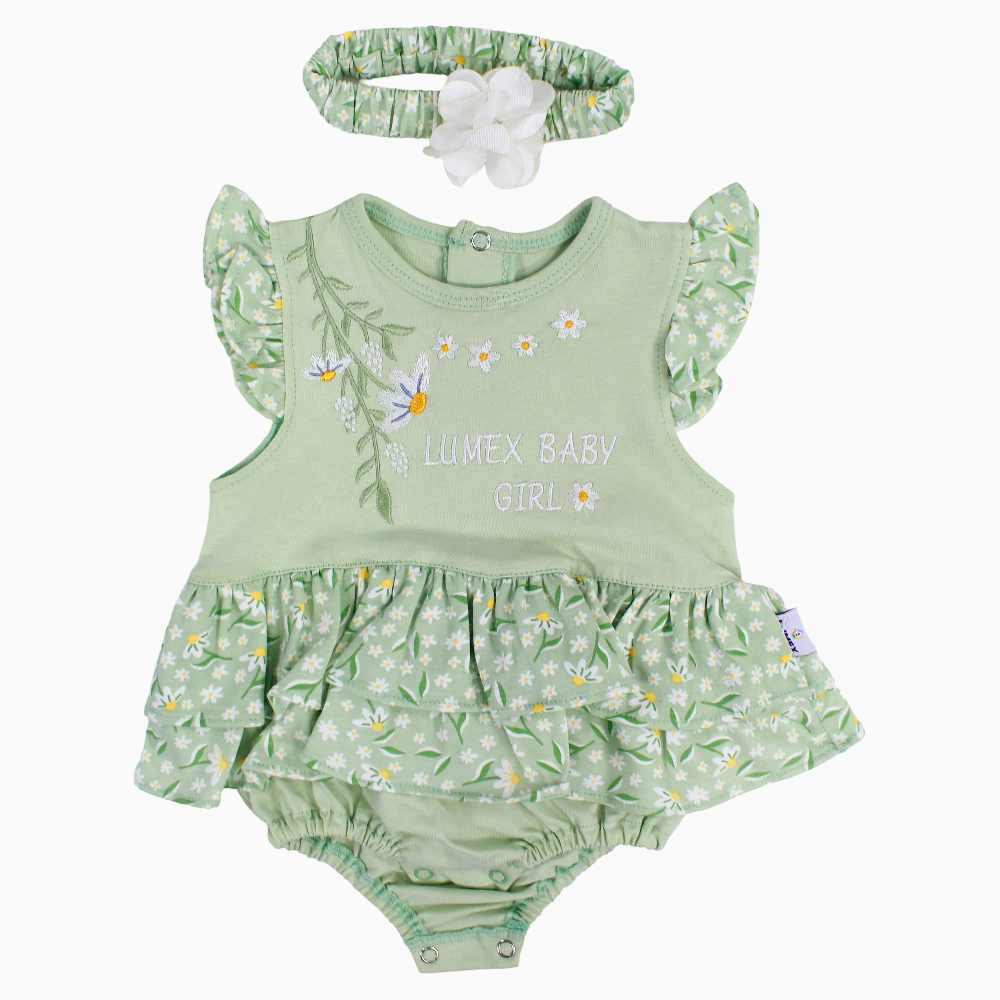 Baby Girls Cotton Romper - Mint with Floral Print
