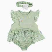 Baby Girls Cotton Romper - Mint with Floral Print