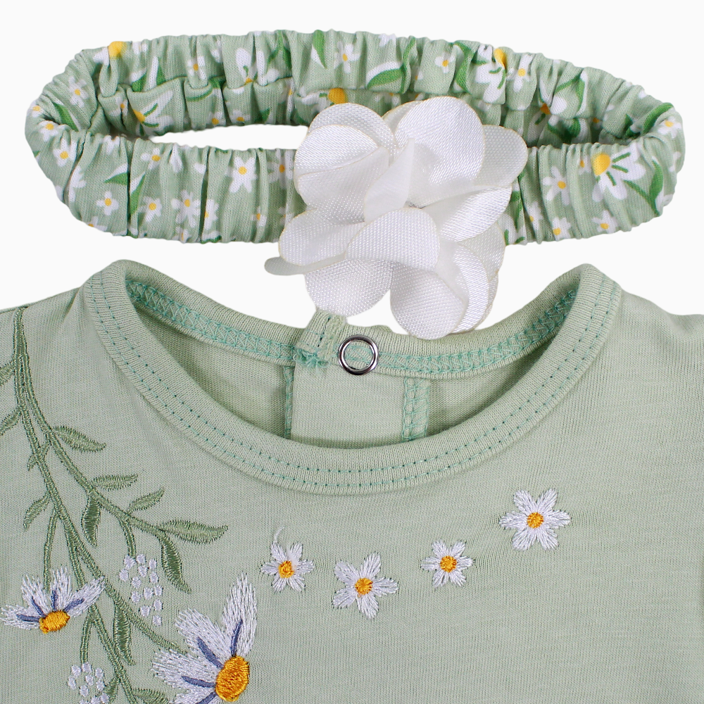 Baby Girls Cotton Romper - Mint with Floral Print