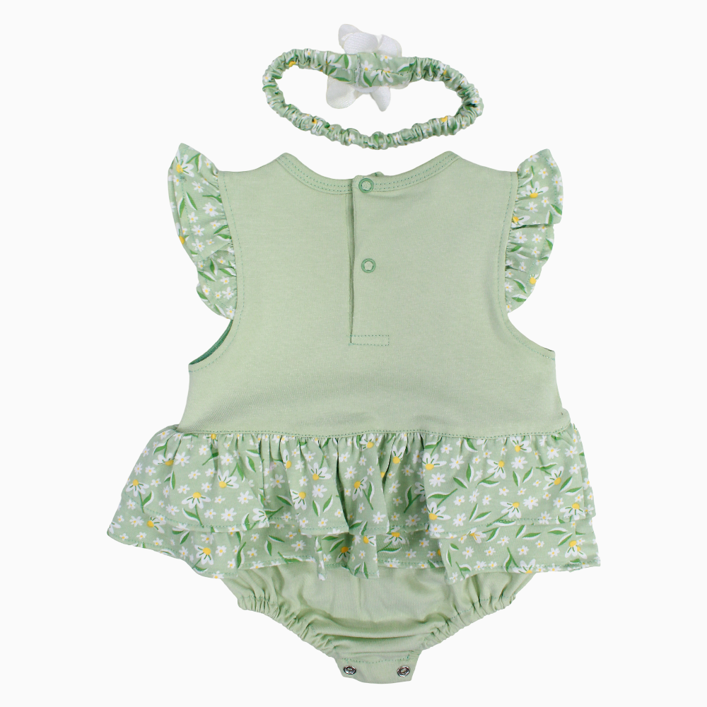 Baby Girls Cotton Romper - Mint with Floral Print