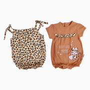 Baby Girls Cotton Romper – Brown with Playful Leopard Print (Pack of 2)