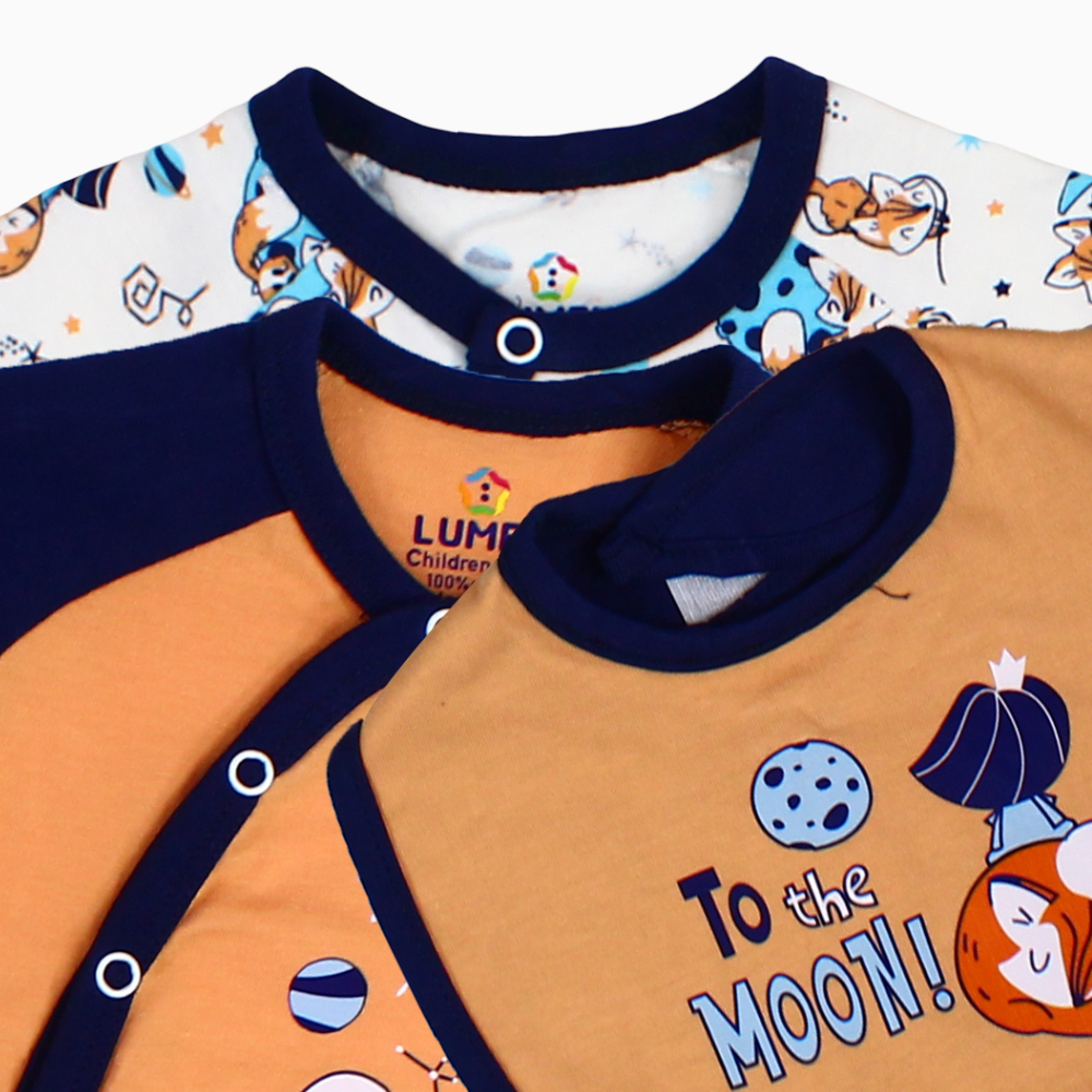 Baby Boys Cotton Romper – Orange with Little Prince Print and a Bib (Pack of 2)