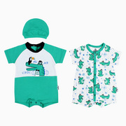 Baby Boys Cotton Romper – Green with Crocodile Print & a Beanie (Pack of 2)