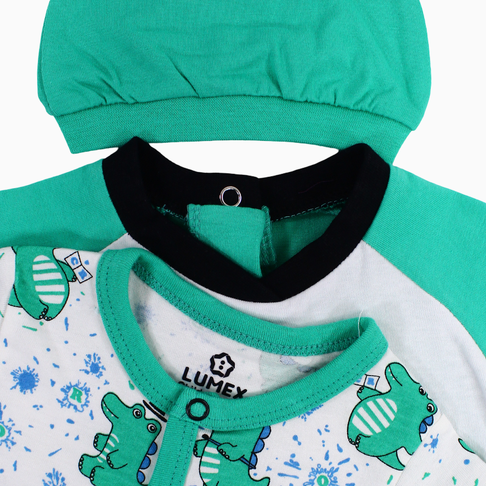 Baby Boys Cotton Romper – Green with Crocodile Print & a Beanie (Pack of 2)