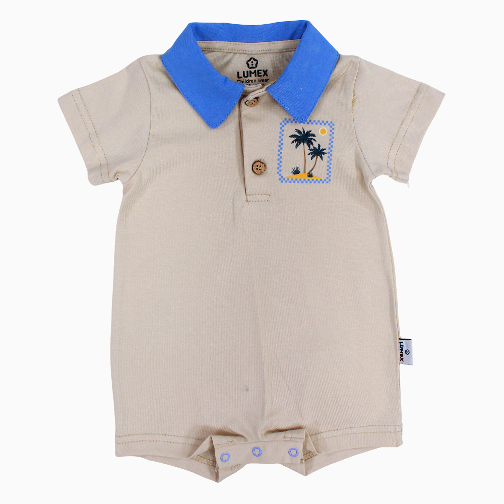 Baby Boys Cotton Romper – Beige with Palm Tree Print