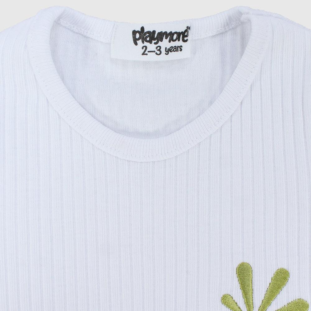 "Happy Sun" White Ribbed Short-Sleeved T-Shirt