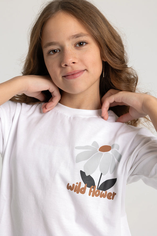 تي شيرت للجنسين "WILD FLOWER" بأكمام قصيرة – أبيض