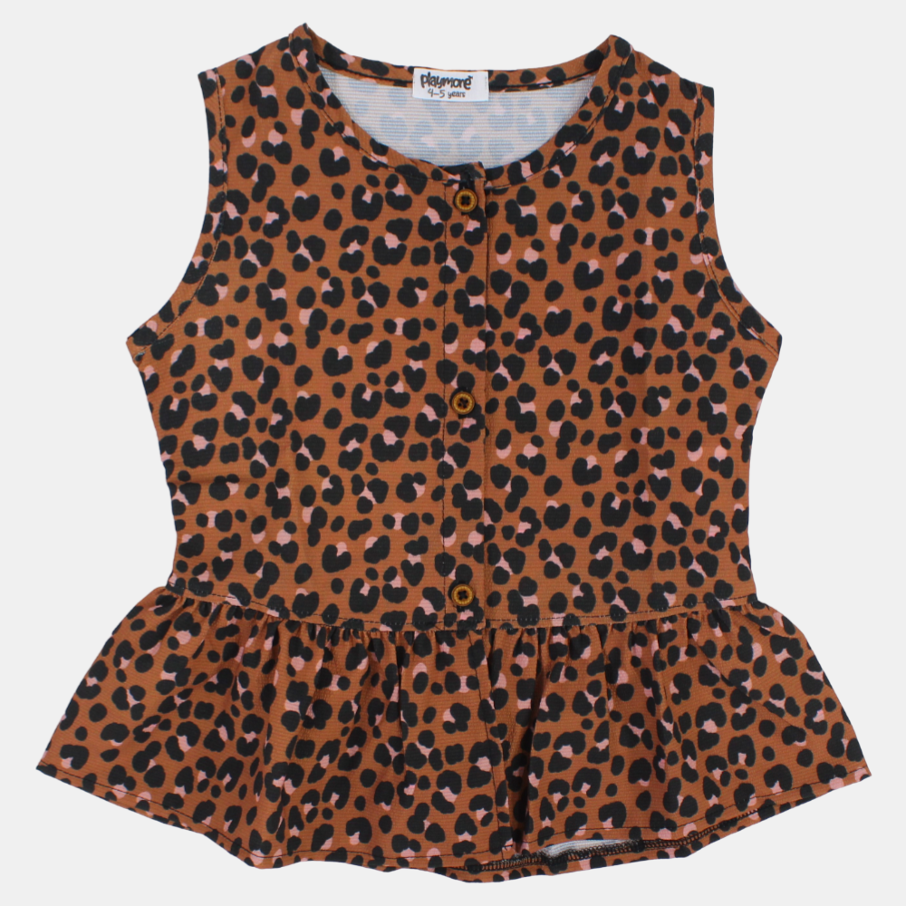 Girls Sleeveless Blouse – Brown Leopard Print