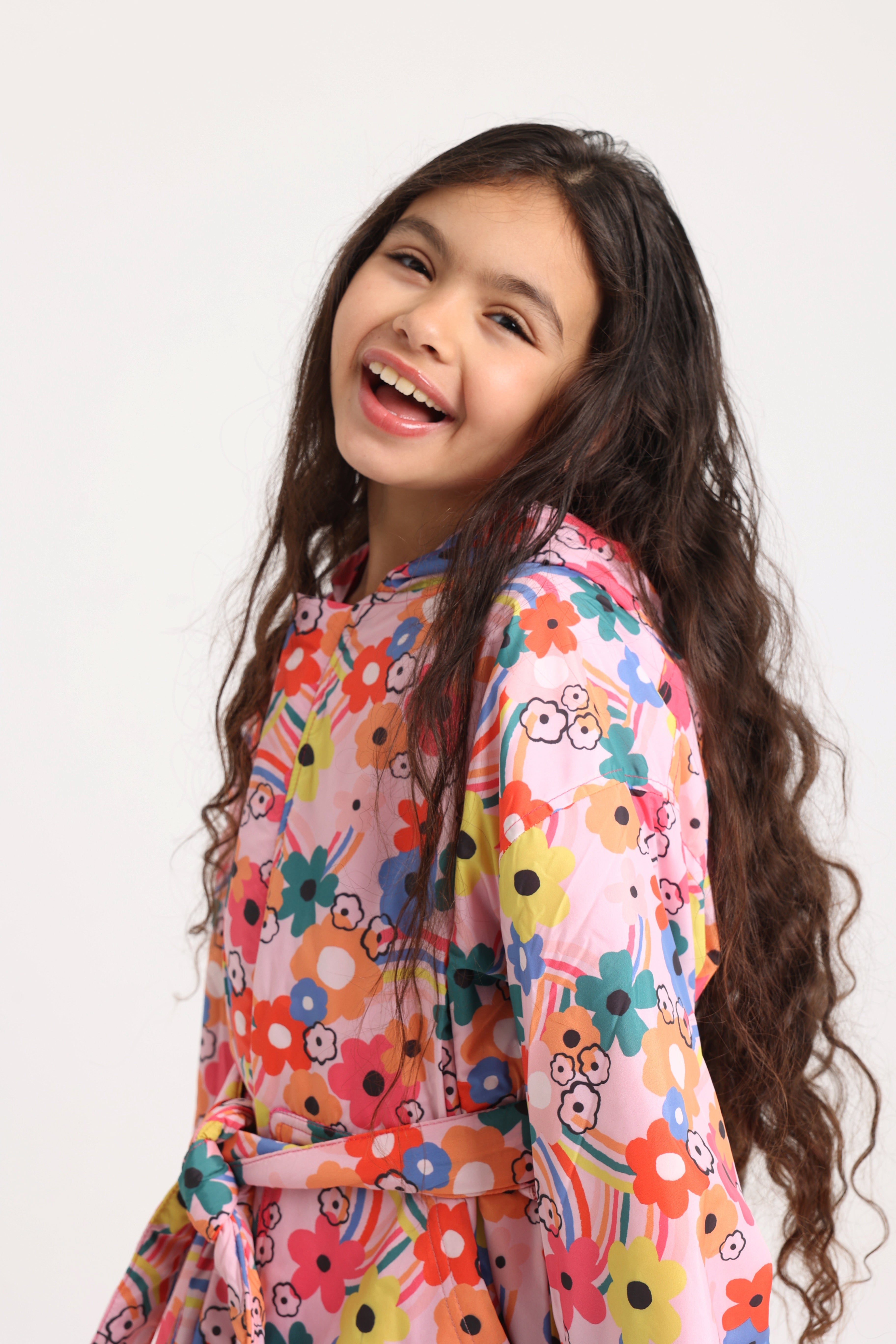 Girls Swim Robe – Pink Flower Print Sleeves