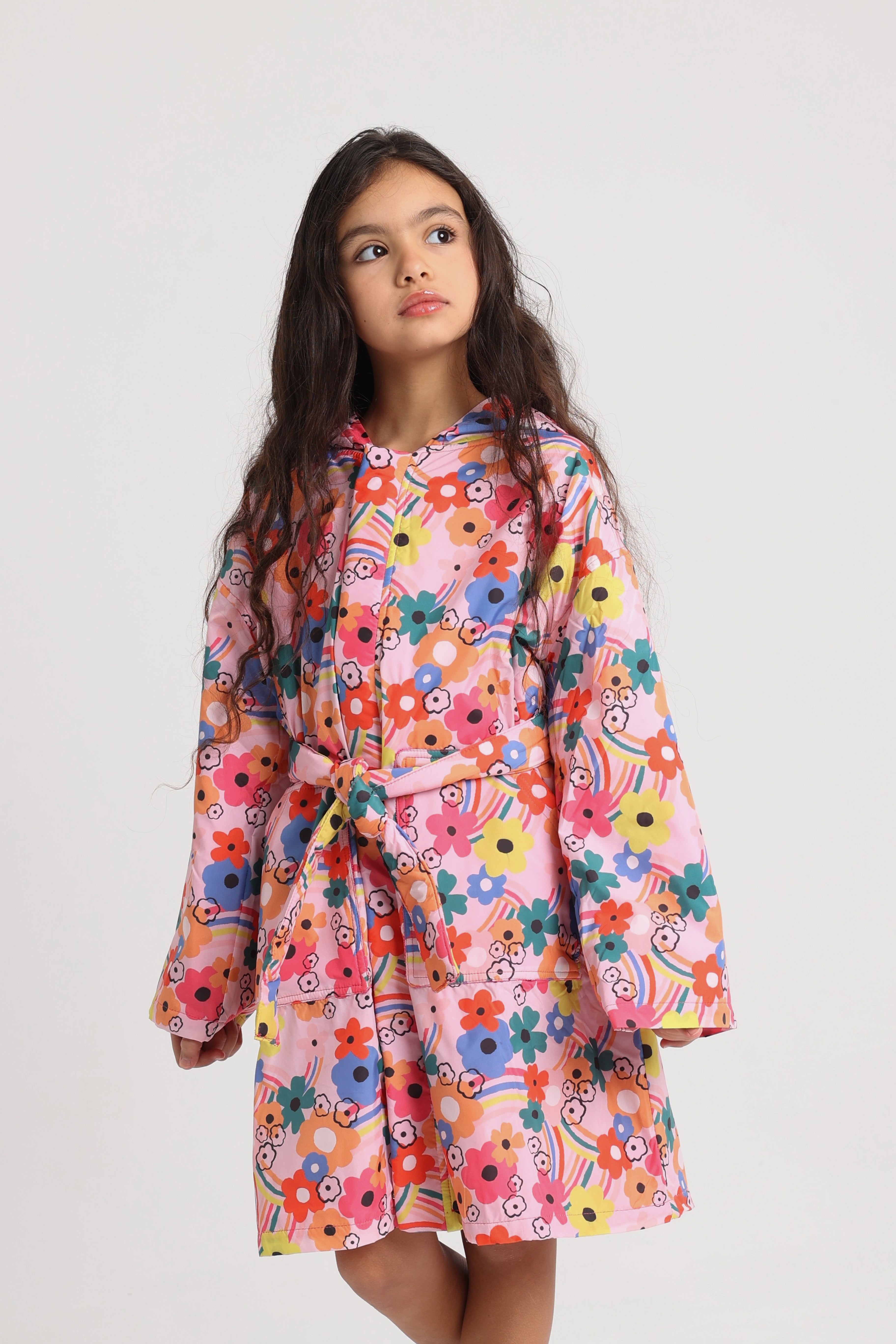 Girls Swim Robe – Pink Flower Print Sleeves