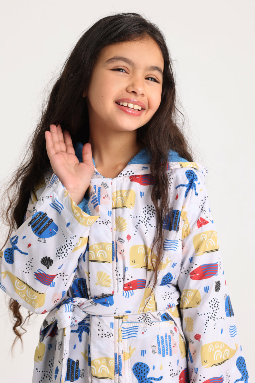 Unisex Swim Robe – Beige with Fish Print