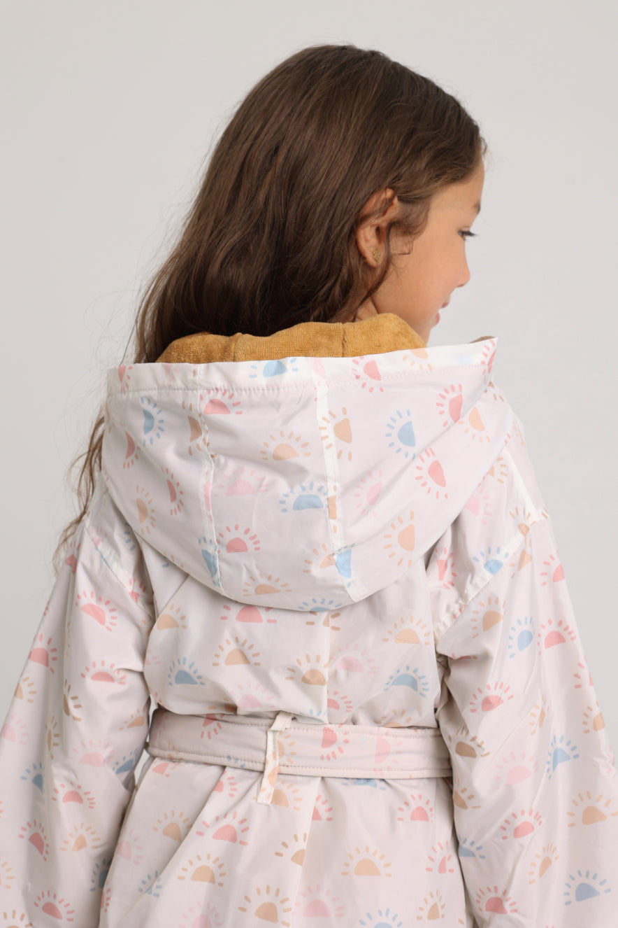 Unisex Swim Robe – Off-White with Colorful Suns Print