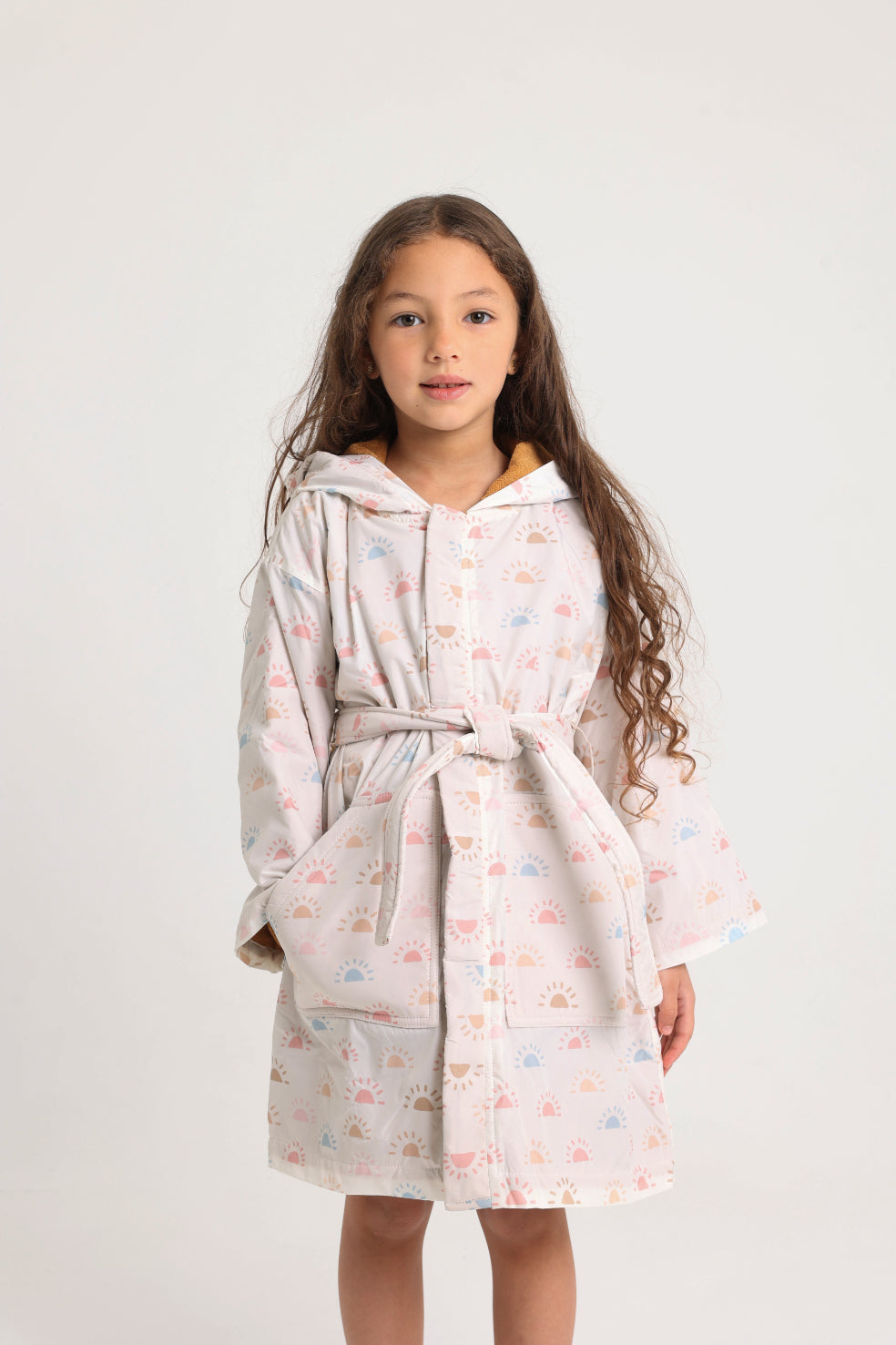 Unisex Swim Robe – Off-White with Colorful Suns Print