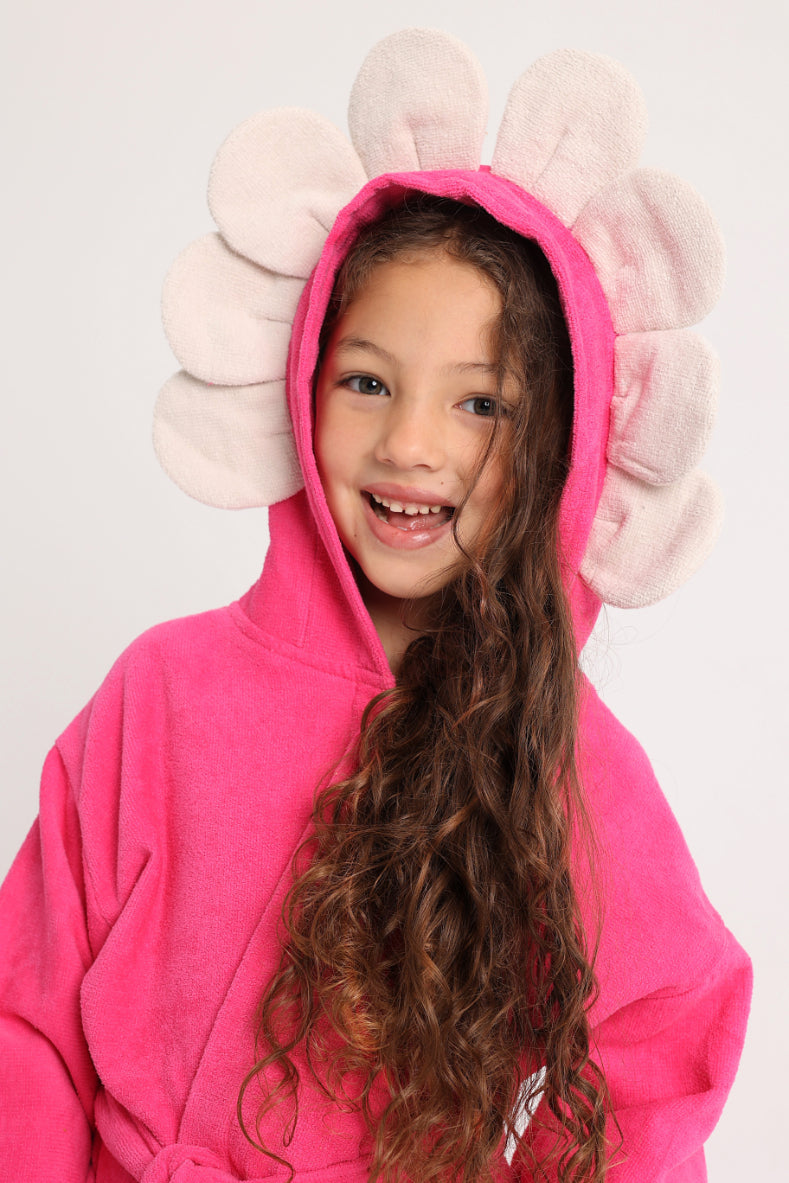 Girls Swim Robe – Fuchsia with Smiling Flowers Print