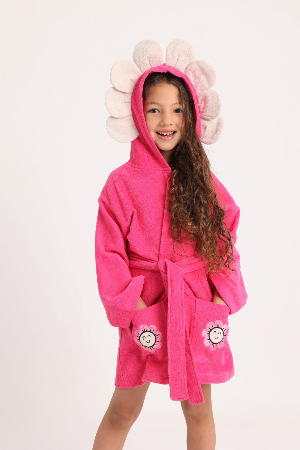 Girls Swim Robe – Fuchsia with Smiling Flowers Print