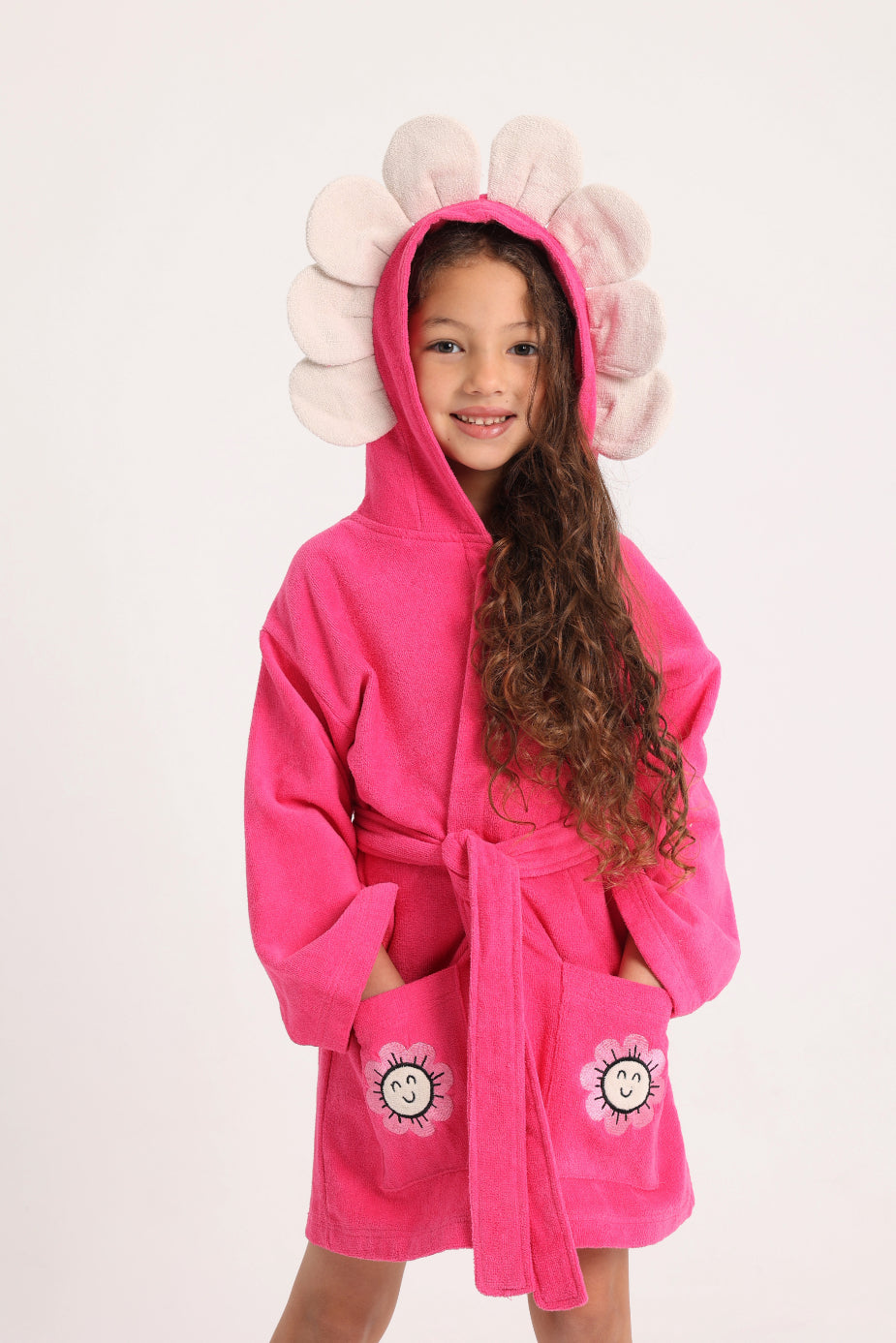Girls Swim Robe – Fuchsia with Smiling Flowers Print