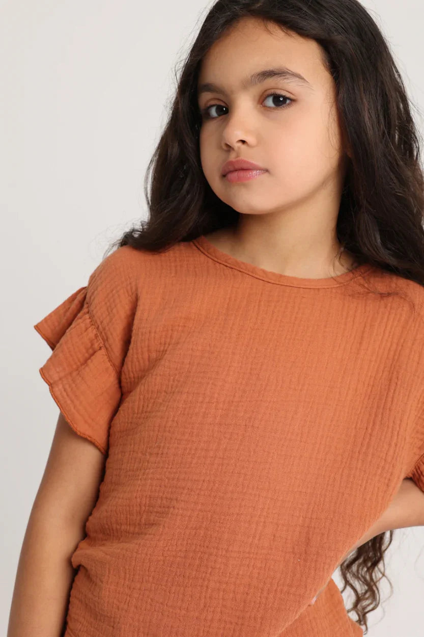 Girls Cotton Short-Sleeved Blouse – Brick - Clothing - Playmore