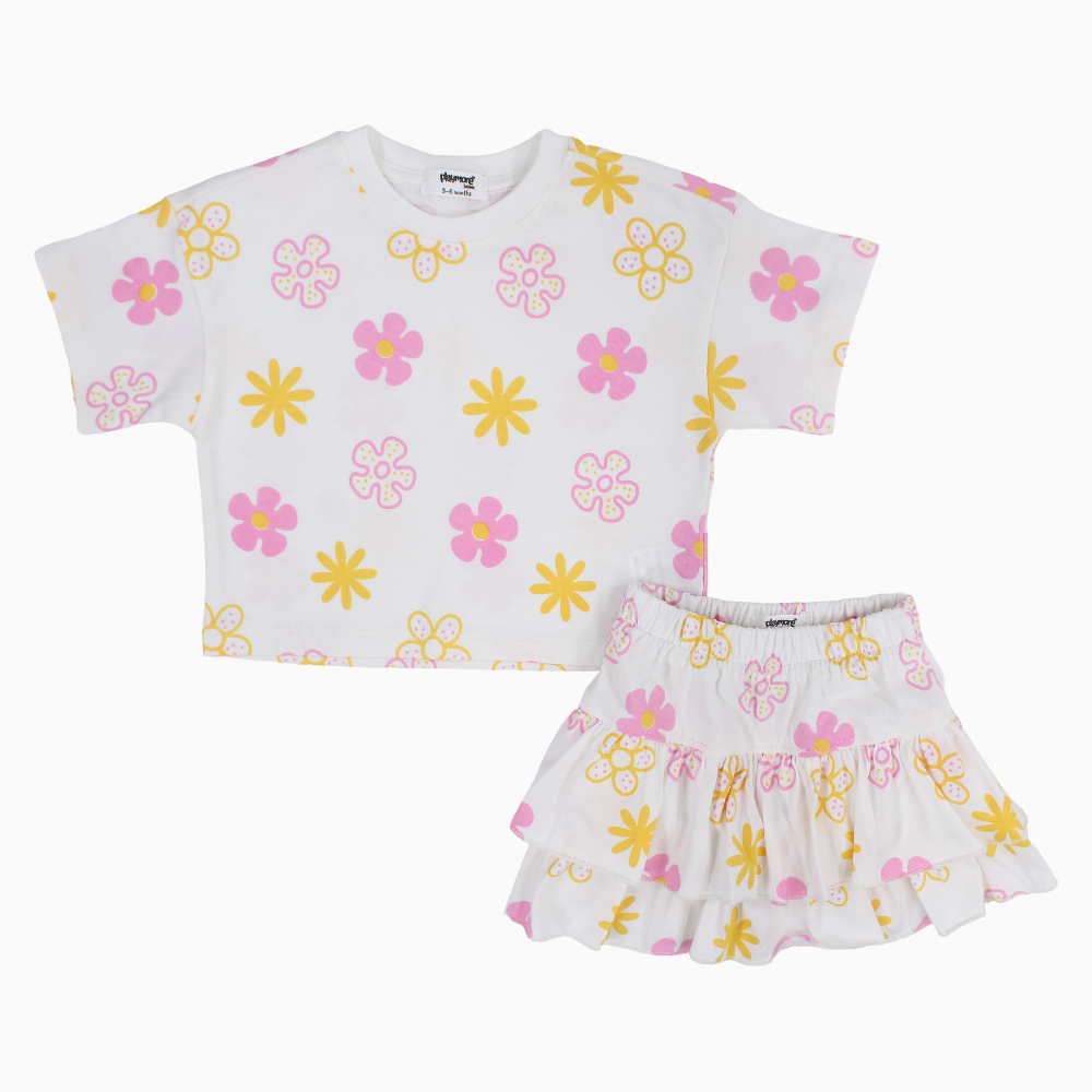 Baby Girls Cotton Outfit Set – Offwhite Printed Flowers Short Sleeves