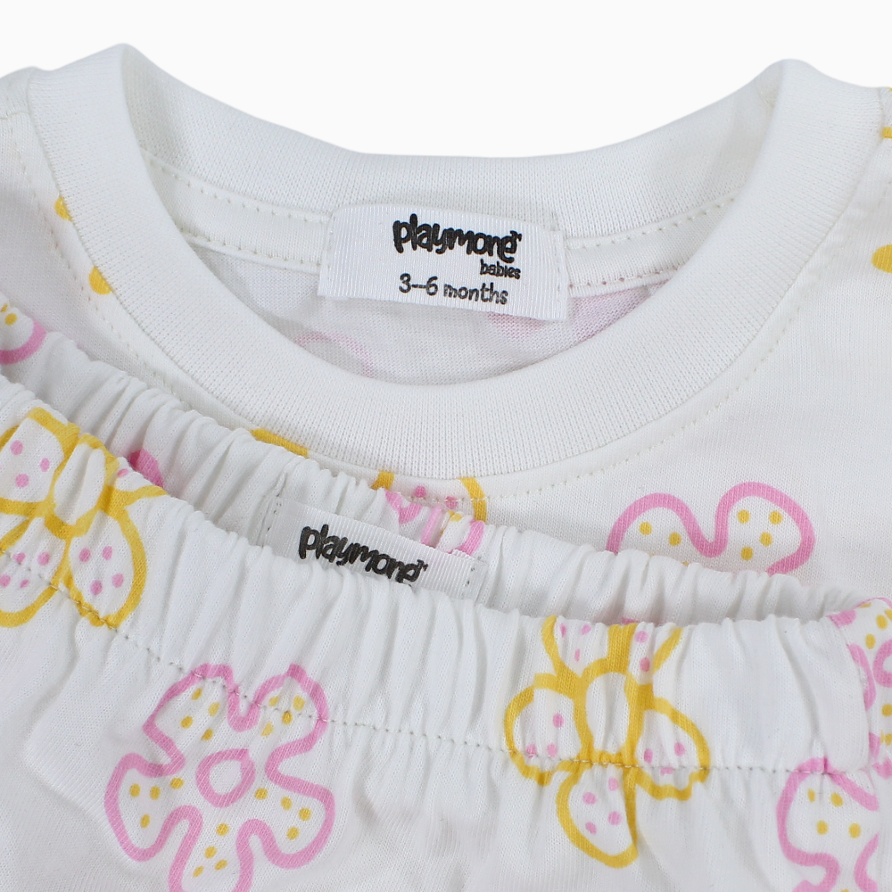 Baby Girls Cotton Outfit Set – Offwhite Printed Flowers Short Sleeves