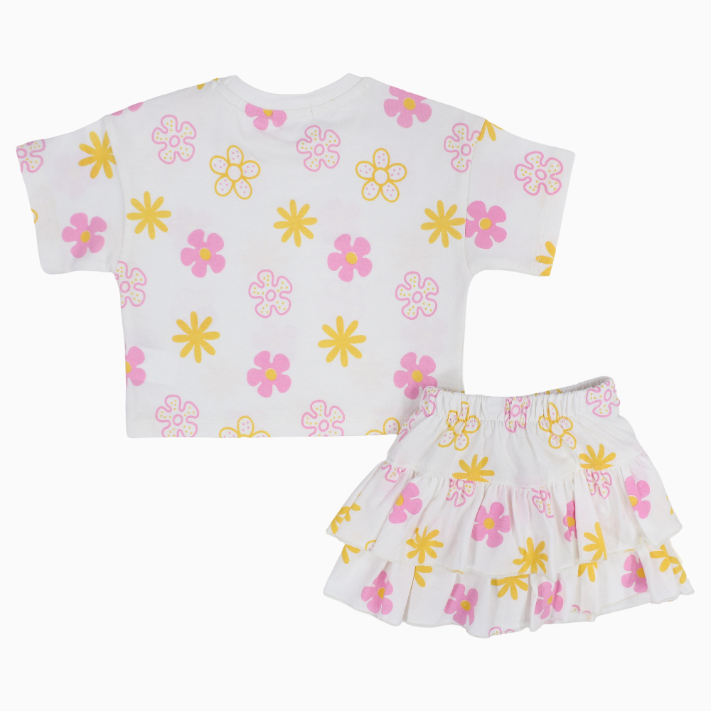 Baby Girls Cotton Outfit Set – Offwhite Printed Flowers Short Sleeves
