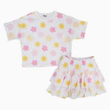 Girls Cotton Outfit Set – Offwhite Printed Flowers Short Sleeves