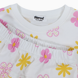 Girls Cotton Outfit Set – Offwhite Printed Flowers Short Sleeves
