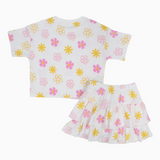 Girls Cotton Outfit Set – Offwhite Printed Flowers Short Sleeves