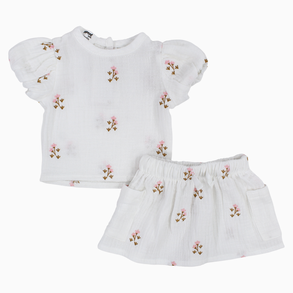 Baby Girls Cotton Outfit Set – Offwhite Embroidery Flowers Short Sleeves