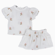 Baby Girls Cotton Outfit Set – Offwhite Embroidery Flowers Short Sleeves