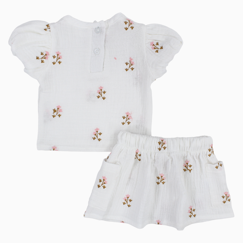 Baby Girls Cotton Outfit Set – Offwhite Embroidery Flowers Short Sleeves