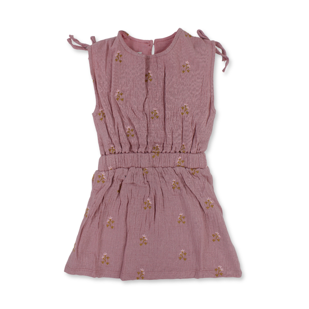 Girls Cotton Sleeveless Dress – Dusty Pink with Flowers Embroidery