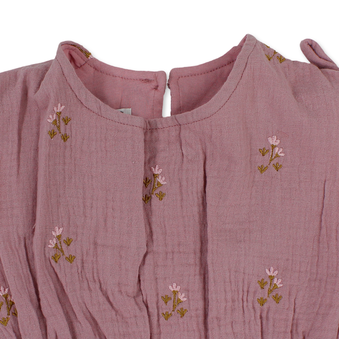 Girls Cotton Dress – Dusty Pink with Flowers Embroidery