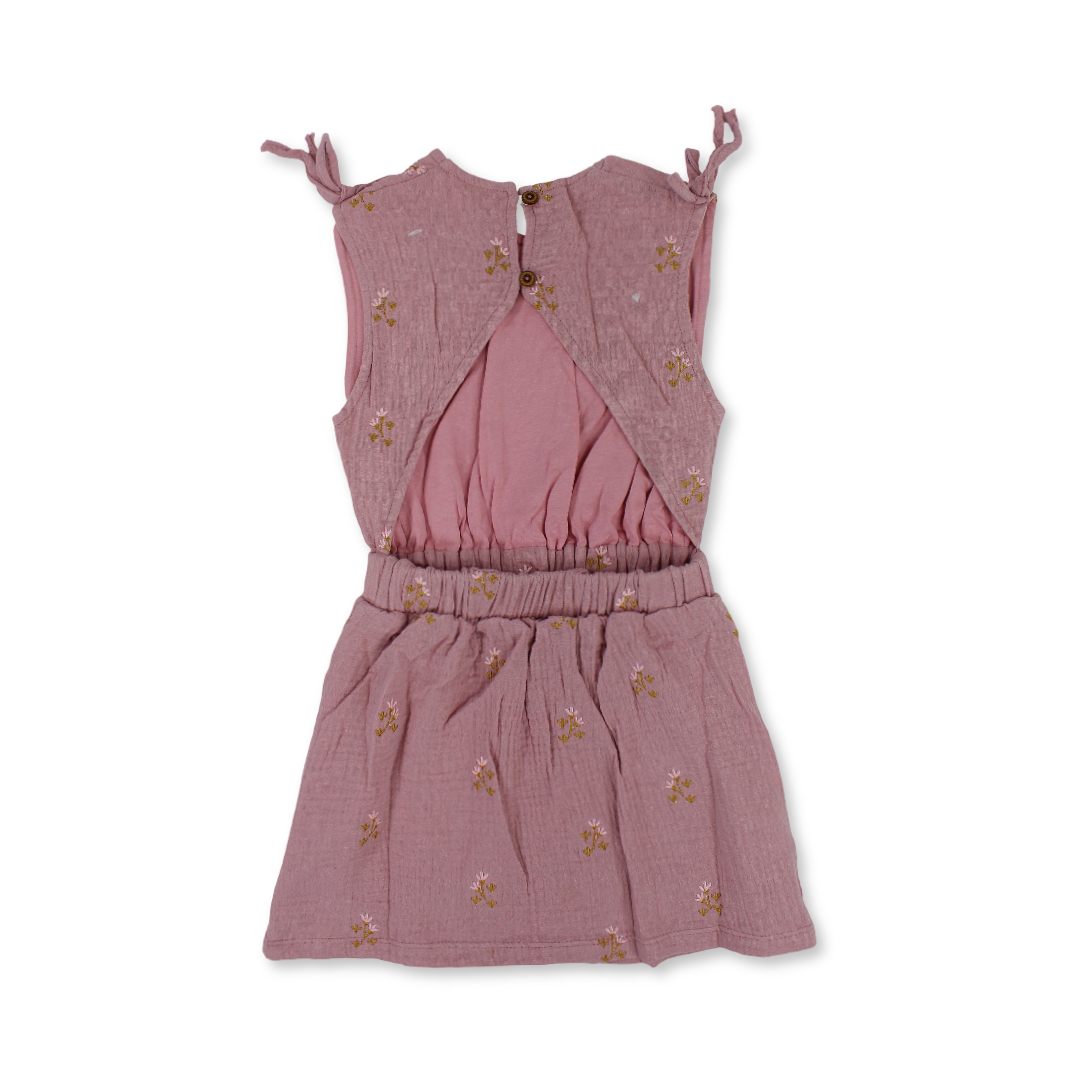 Girls Cotton Dress – Dusty Pink with Flowers Embroidery
