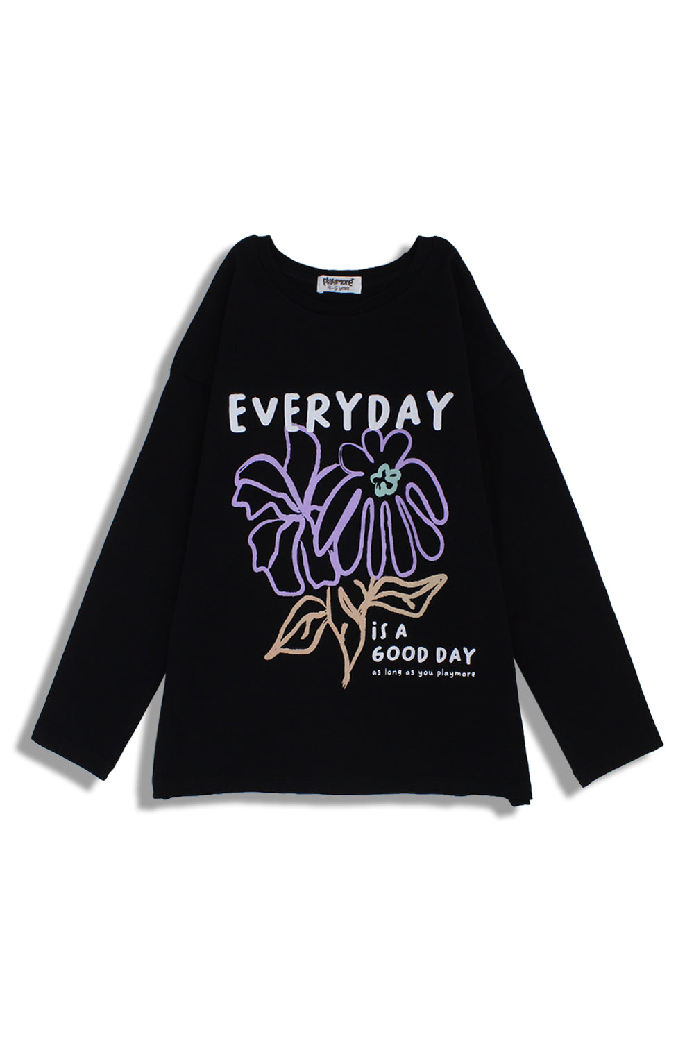 تي شيرت بناتي قطني أسود بطبعة زهور "Everyday is a Good Day"